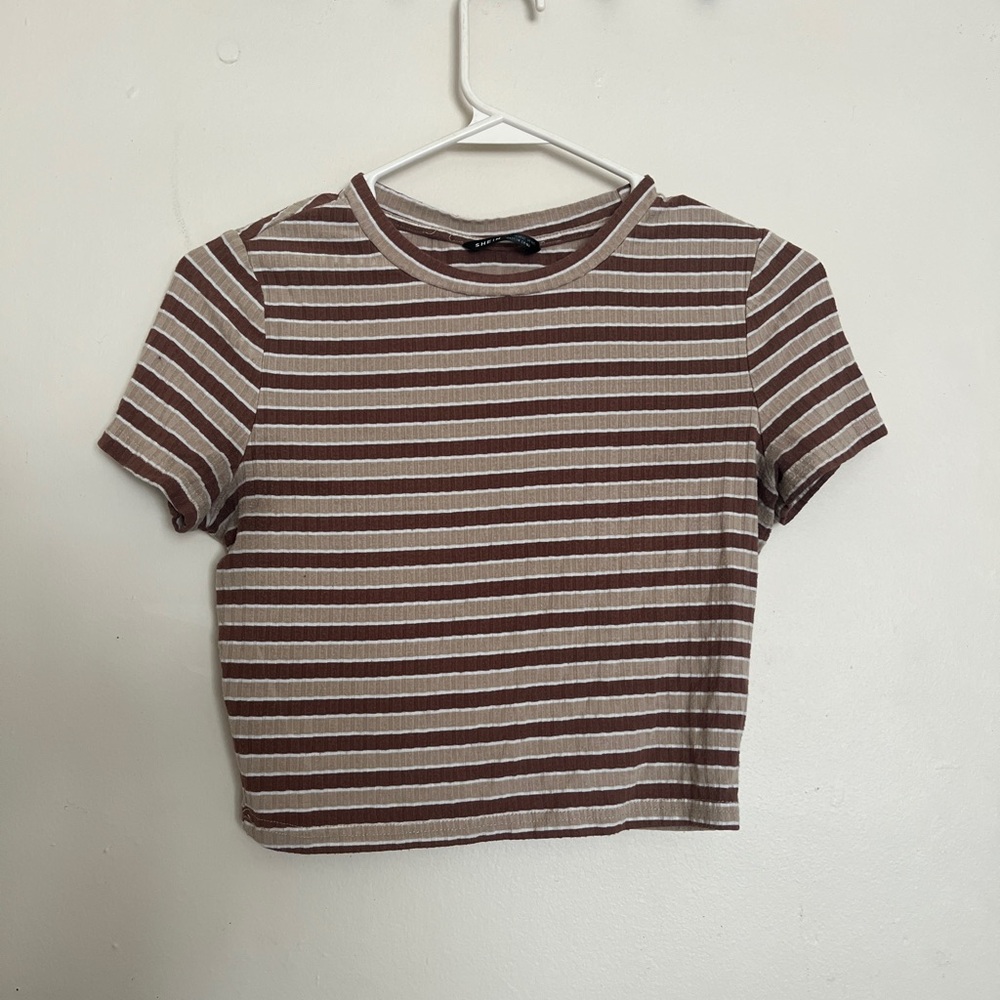 SHEIN Brown and White Striped Short Sleeve Tee